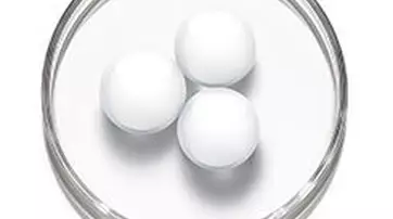 Three white, spherical objects are placed on a white surface inside a clear petri dish.