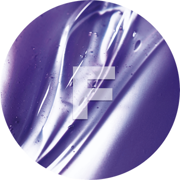 Texture fluide et translucide en degrade violet avec lettre 'F' superposee au centre.