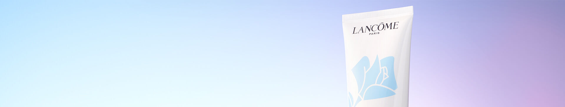 A tube of Lancome Paris product against a gradient background transitioning from light blue to purple.