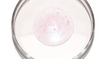 A clear petri dish containing a circular sample with a light pink color and small bubbles.
