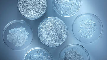A top-down view of various crystalline substances displayed in clear petri dishes, arranged in a circular pattern against a soft blue background.