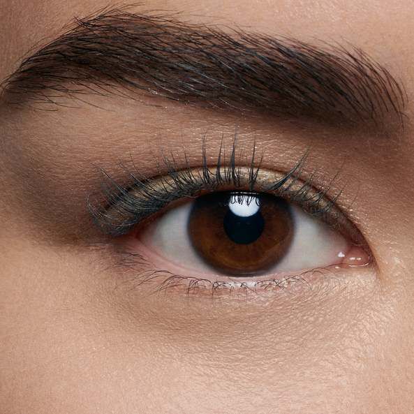 Close-up of a brown eye with long eyelashes and well-groomed eyebrows, displaying details of the iris and skin texture around the eye.