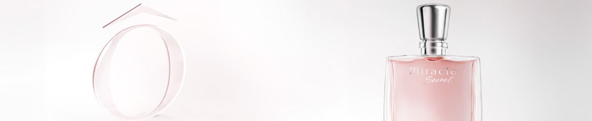 A minimalist image featuring a sleek perfume bottle labeled "Miracle Secret," situated against a light background with a stylish, abstract shape nearby.
