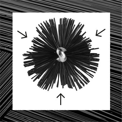 A circular arrangement of black bristles radiating from a central metallic core, with arrows pointing outward.