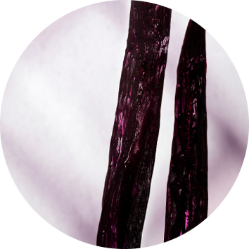Deux longues bandes de matiere violette, legerement brillantes, se detachent sur un fond flou et pastel.