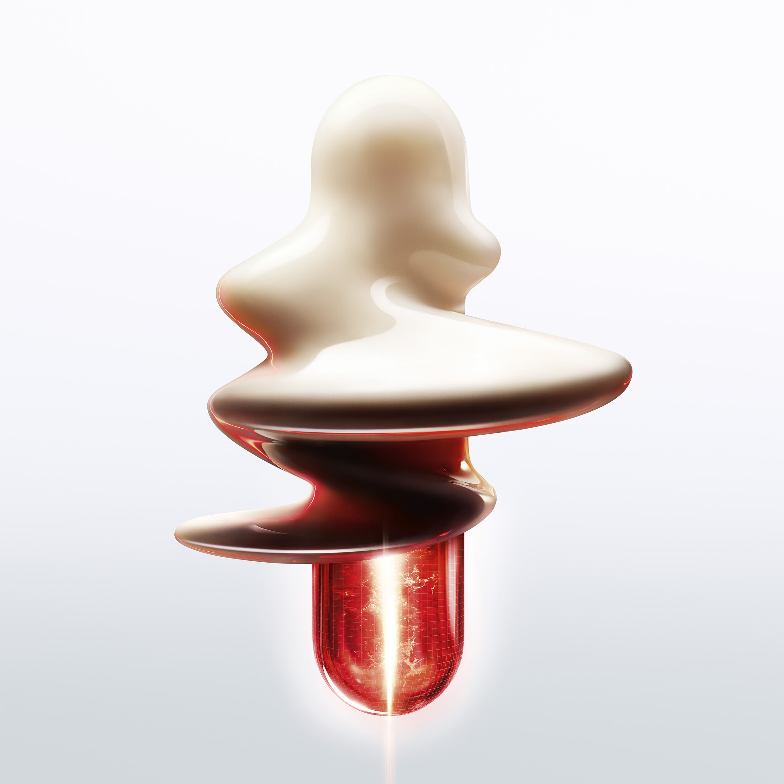 Goutte de texture cosmetique onctueuse s'elevant au-dessus d'une capsule de serum rouge lumineuse