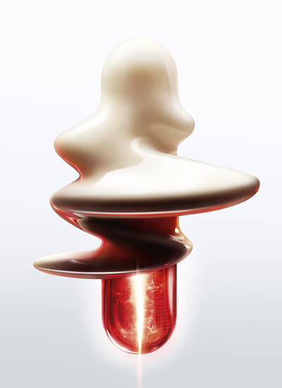 Goutte de texture cosmetique onctueuse s'elevant au-dessus d'une capsule de serum rouge lumineuse