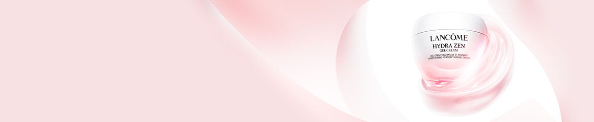 A jar of Lancome Hydra Zen Gel Cream is shown against a soft pink background, with gentle swirls of cream emphasizing hydration and soothing qualities.