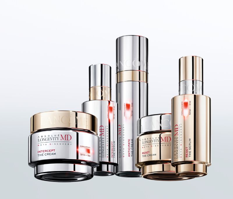 The Lancome Absolue Longevity MD anti-ageing range, comprising the Reset serum, the Intercept cream and the Anticipate treatment