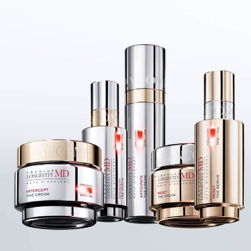 The Lancome Absolue Longevity MD anti-ageing range, comprising the Reset serum, the Intercept cream and the Anticipate treatment