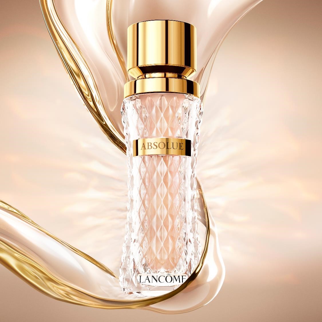 Flacon de parfum Lancôme Absolue, élégant et raffiné, avec un fond doux et lumineux.